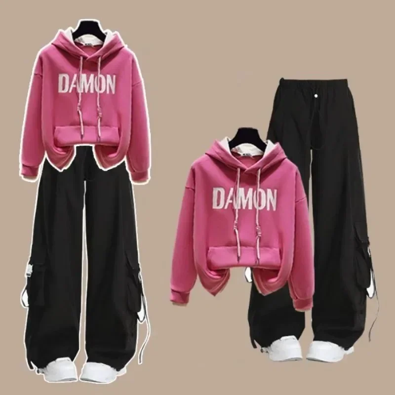 

Girls' 2026 Spring Autumn New Casual Tracksuit Matching Set Korean Elegant Long Sleeve Hoodie Top+Loose Cargo Pants 2-Piece Suit