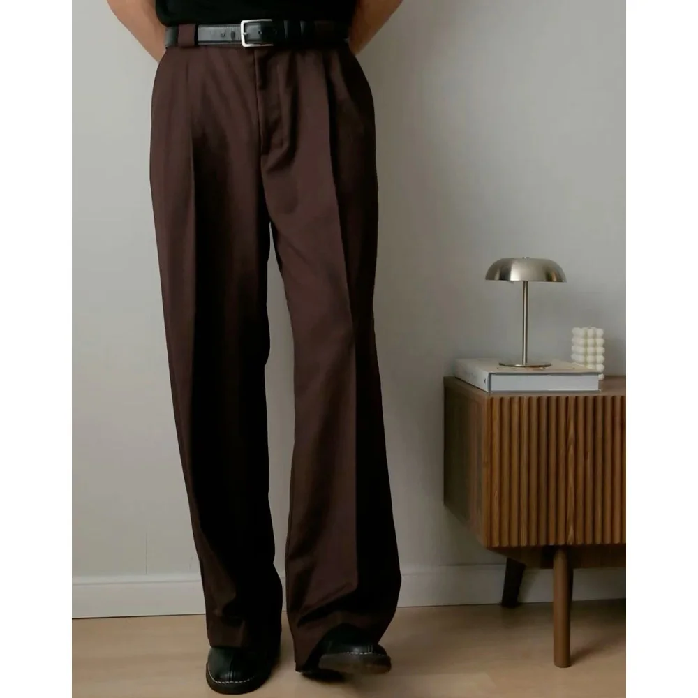 

Mens Straight Leg Loose Fit Pleated Trousers Mid Rise Plain Color Formal Pants Classic Business Casual Office Wear
