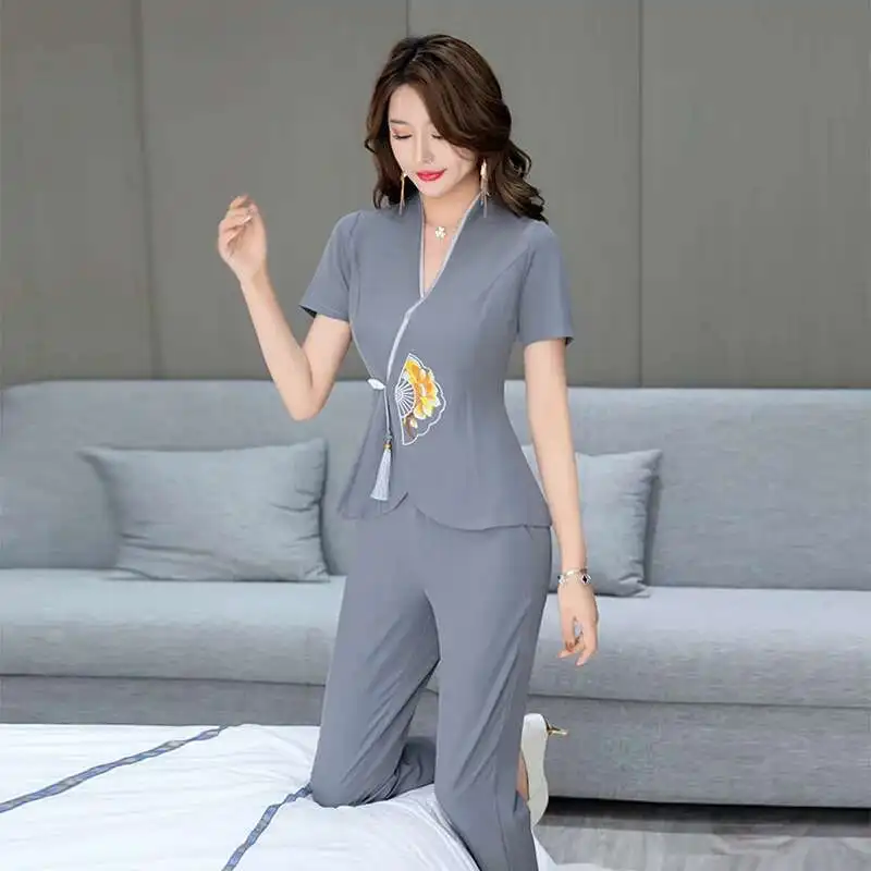 ビューティーサロンエステティシエンヌスパマッサージ服フットセラピスト作業ガウン女性用ブルー美容師制服スーツ-Be