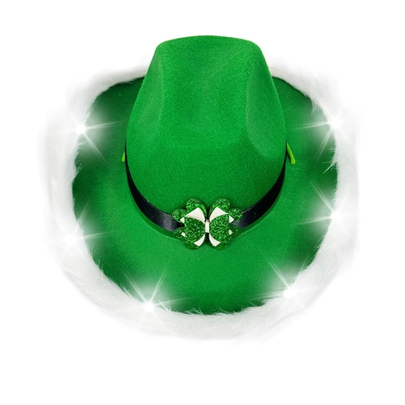 Green Shamrock Hat for StPatrick Day Light Up Furry Trim Hat Irish National Day Holiday Celebration Festival Headwear