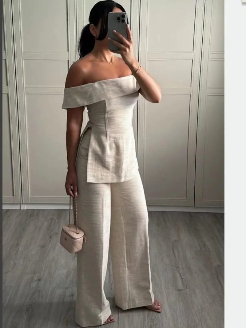 2024 Fashion Pant Suit Autumn Summer Women Elegant Solid Casual Strapless Sleeveless Slim Side Split Short Tops+High Waist Pants