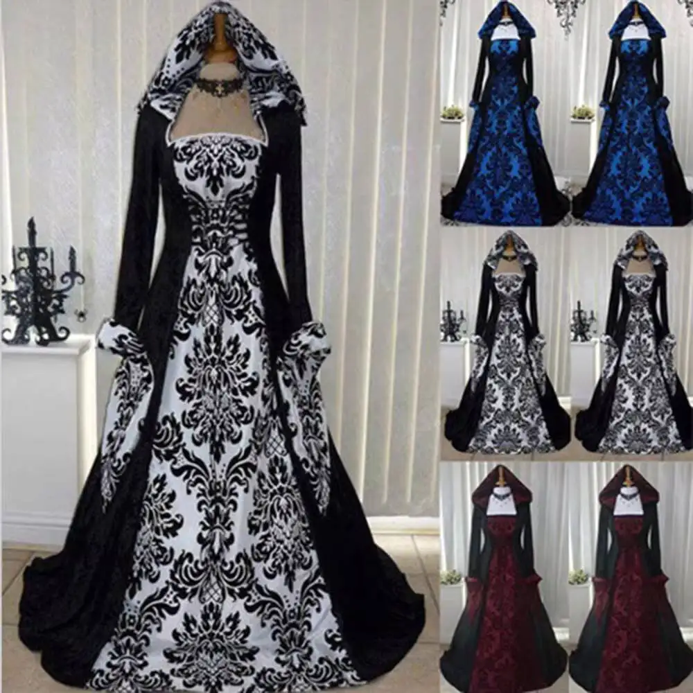 

New Europe And America Retro Literature And Art Long-sleeved Hooded Grand Swing Dress Printing Royal Court Evening Dress