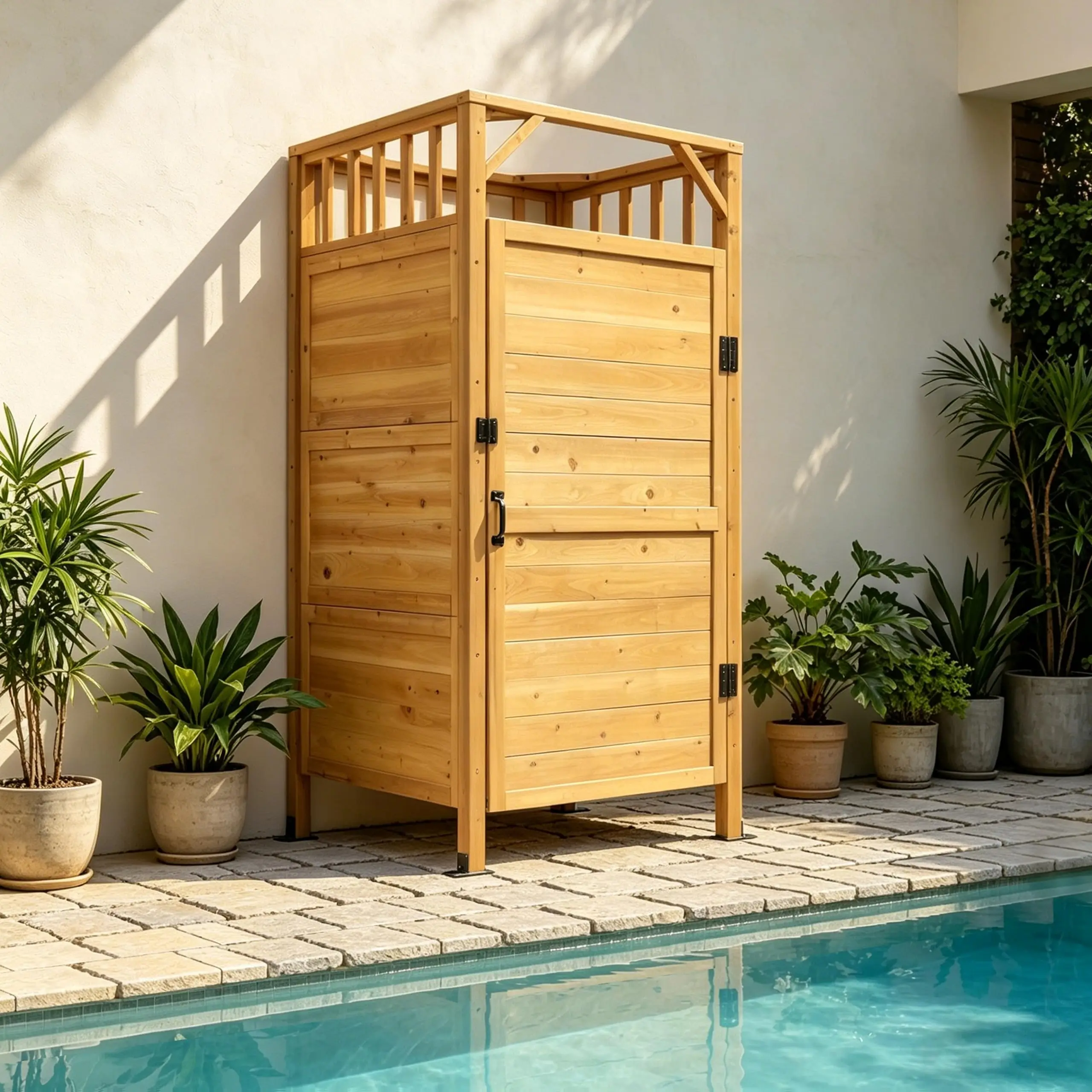 Outdoor Shower Enclosure with Lockable Door, Ce Wood Outdoor Shower Stall with Hooks & Shelves, Left/Right Opening