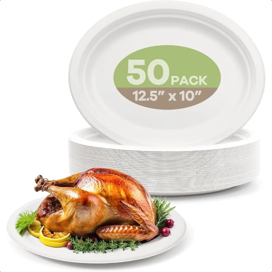 

100 компостируемых овальных бумажных тарелок, 12,5 дюймов, 50 упаковок, сверхмощные тарелки для мешков, экологически чистые биоразлагаемые тарелки из сахарной трости для B