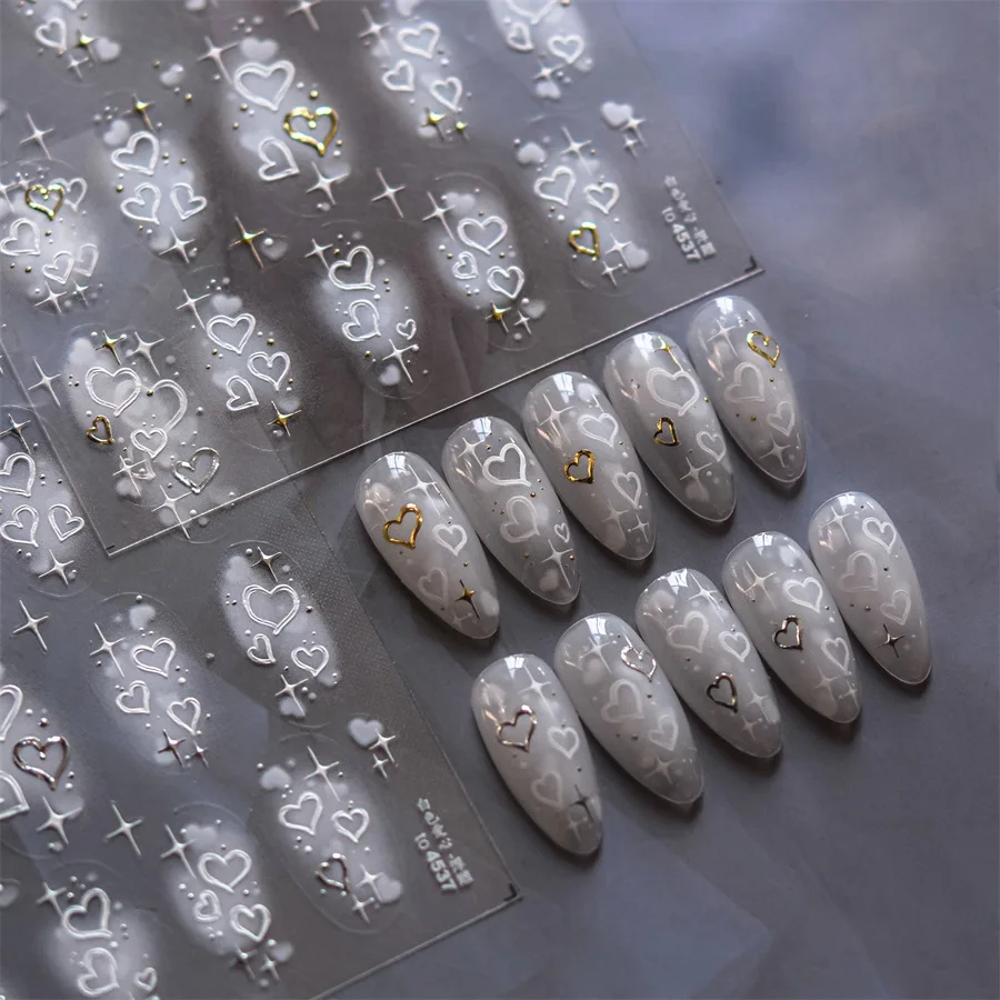 5D kabartma tırnak çıkartmalar sıcak damgalama altın gümüş beyaz kalp yapıştırıcı Nail Art etiketler 1 adet DIY japon çivi dekorasyon çıkartmaları