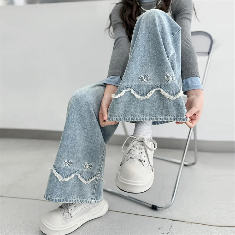 

Children Spring Denim Pants New Design Wide Leg High Waisted Jeans Y2K Fashion Kids Comfort Trend Streetwear Trousers Age 5-14T