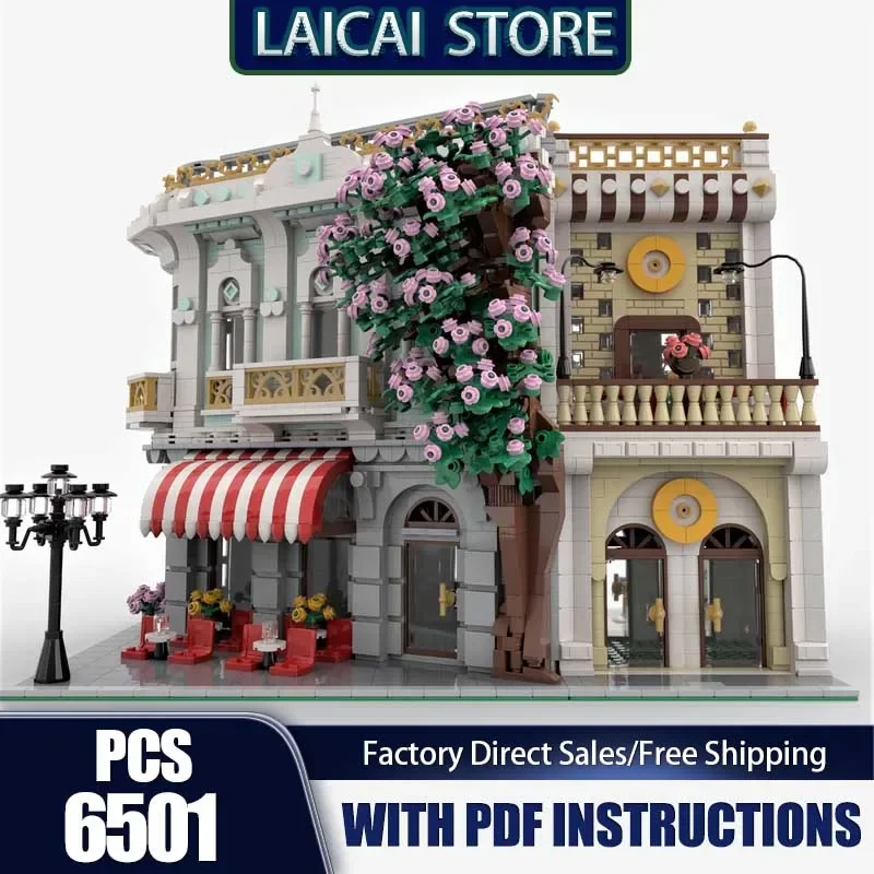 City Street Moc Building Bricks Sakura Tree Restaurant Set Model Technology Blocks Gift DlY Construstion Assembly Holiday Toys