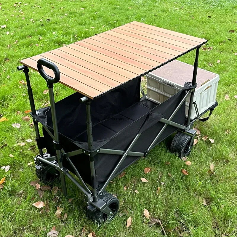 Outdoor Trolley with Lift Adjustable Rod & Table Board Camper Foldable Trailer Pull Rod Rear Wagon Cart for Picnic Trolley