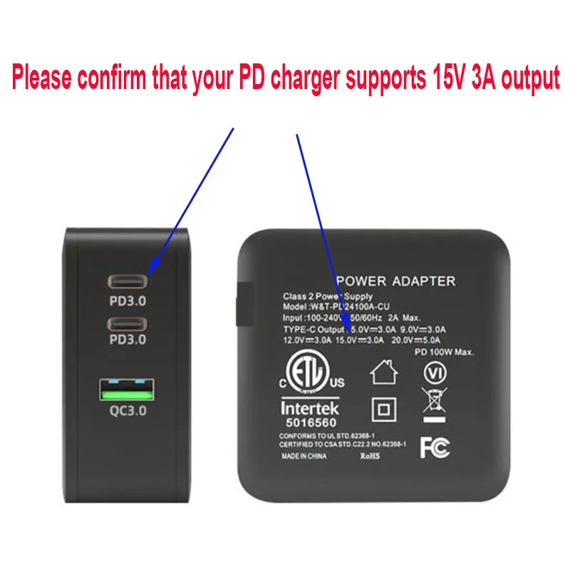 1.8m 15V 3A USB C Type C Charging Cable PD Fast Charger Adapter Power Supply Cord for Microsoft Surface Pro GO 8 7 6 5 4 Book