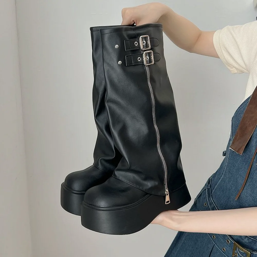 Damen Schwarze Plateau-Stiefel mit Weitem Schaft, Schnallendetail Lässige Kniehohe Schuhe, Bequemes Schuhwerk für Streetstyle – Detail 1