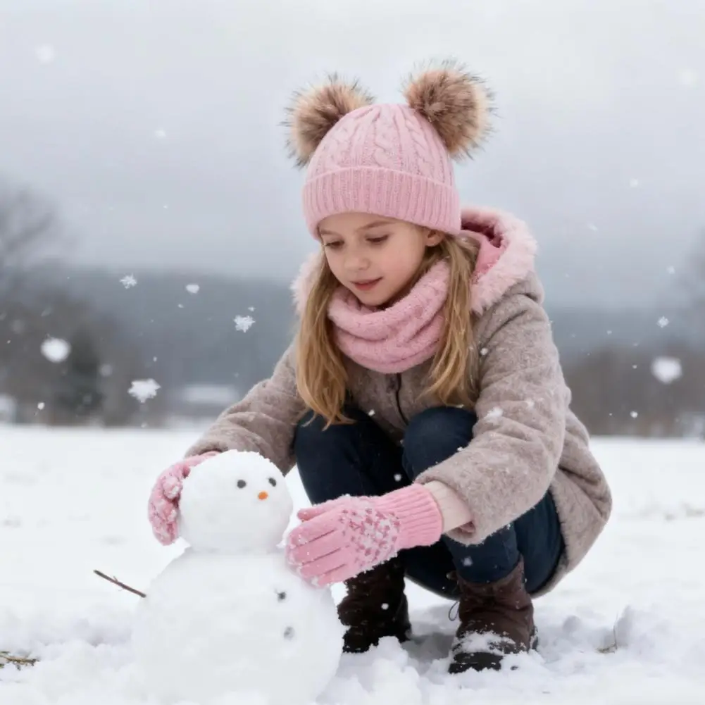 الأطفال قبعة تدفئة وشاح قفازات صوف مبطن الشتاء اكسسوارات الاطفال الشتاء قبعة وشاح قفازات مجموعة مع أفخم بوم بومس الدافئة محبوك