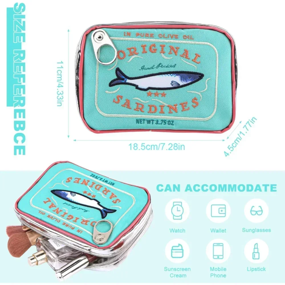 Canned Sardines Makeup Bag Zipper Closure Embroidery Small Toiletry Pouch Portable Travel Toiletry Bag Cosmetic Organizer Case