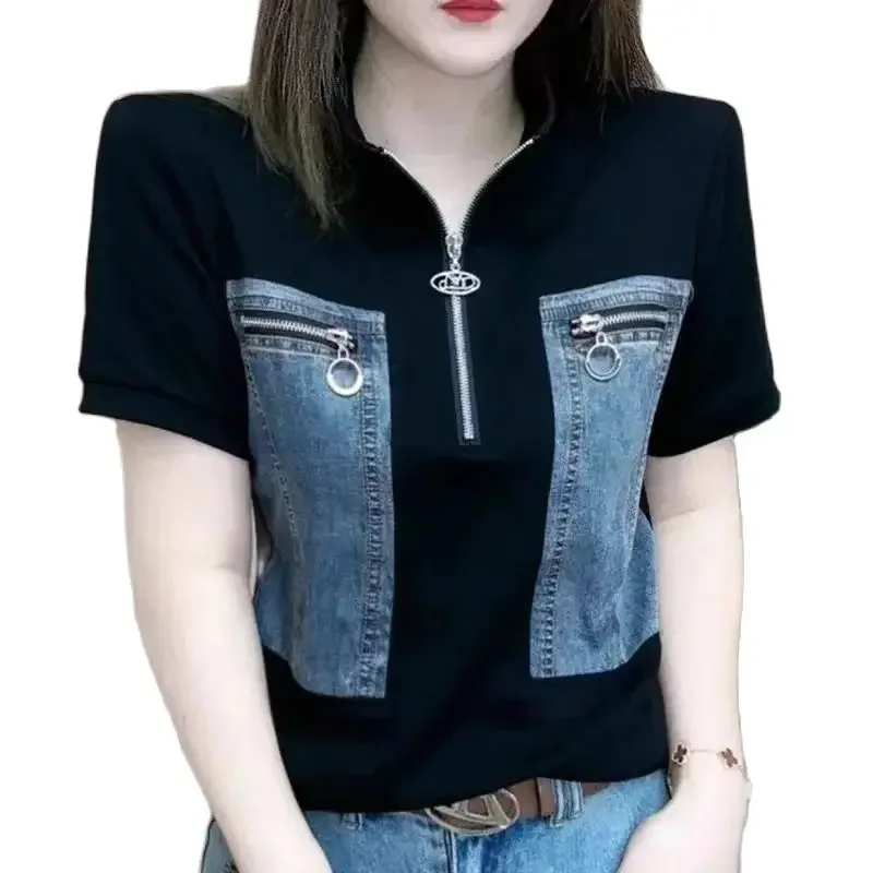 Spring Summer 2025 New Women's T-Shirt Fashion Cotton Stand Collar Loose Short Sleeves Joker Slim Stitching Casual Denim Tops