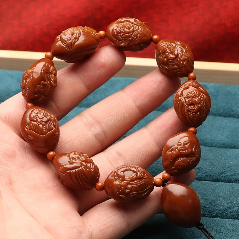 Jade-encrusted, old pit carving, half-body relief, Luohan bracelet, finished with chicken blood red olive