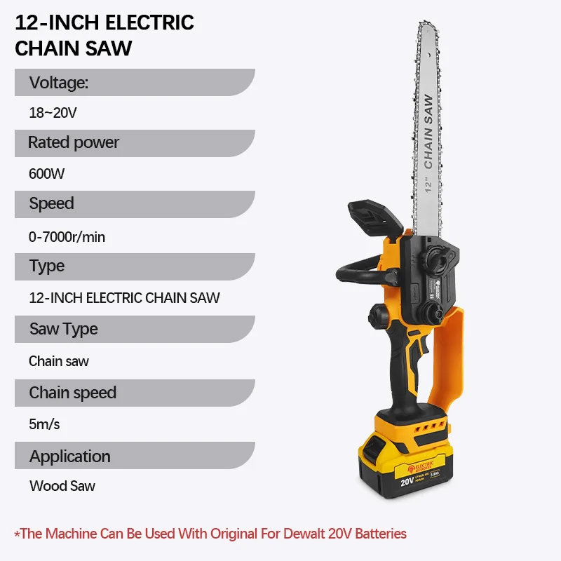 Elektryczna bogini 12 cali do akumulatora Dewalt 20 V bezszczotkowa elektryczna piła łańcuchowa 600 W bezprzewodowa piła elektryczna do cięcia drewna GardenTrimming