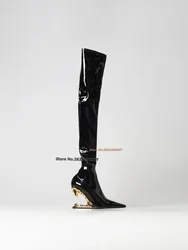 Black Patent Leather 110Mm Heeled Pointed Toe Stretch Over The Knee Boot Ladies Wedge Heeled Black Morso Heel Matching Stitching