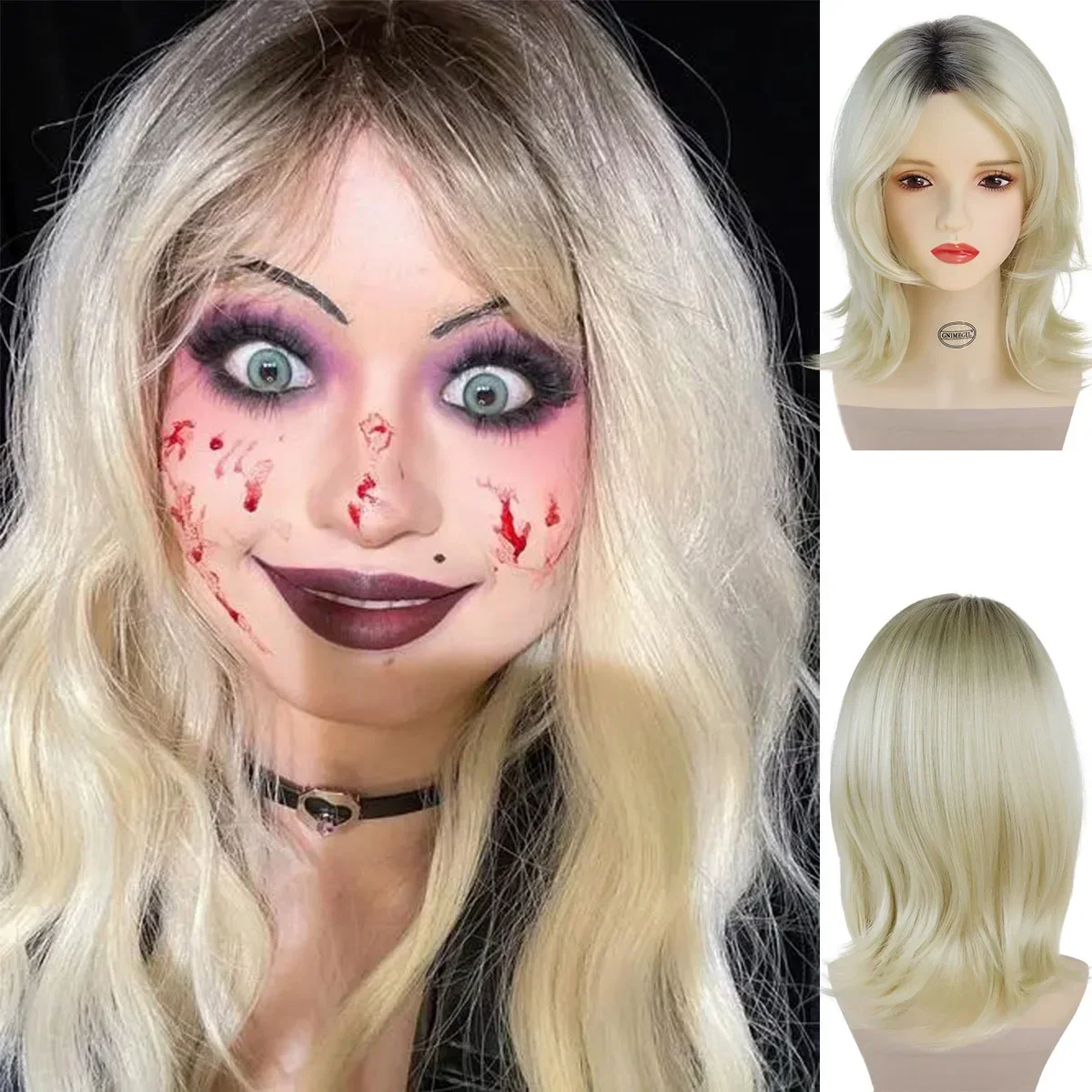 Pelucas rubias sintéticas para mujer, pelo largo y rizado ondulado con raíces oscuras, pelo degradado para disfraz de Halloween, Cosplay de novia de Chucky para muñecas