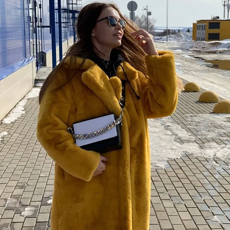 

Thickened Rabbit Fur Coat Winter Warm Long Outerwear Loose Collar Coat Luxury Brand Women's Fashion Mid-Length Long Sleeve