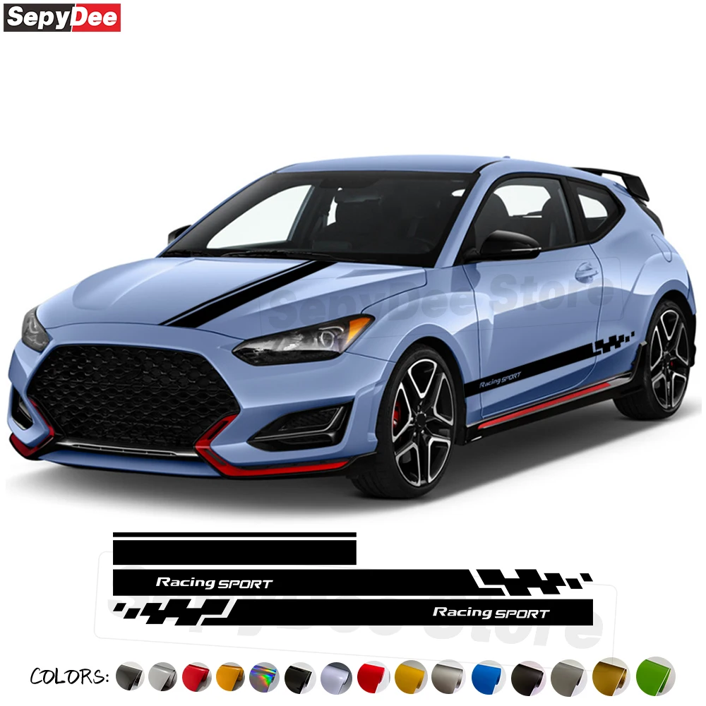 Racing Sport Car Hood Bonnet Decal Checkered Graphic Door Side Stripe Skirt Stickers for Hyundai Veloster 2018- Car Accessories