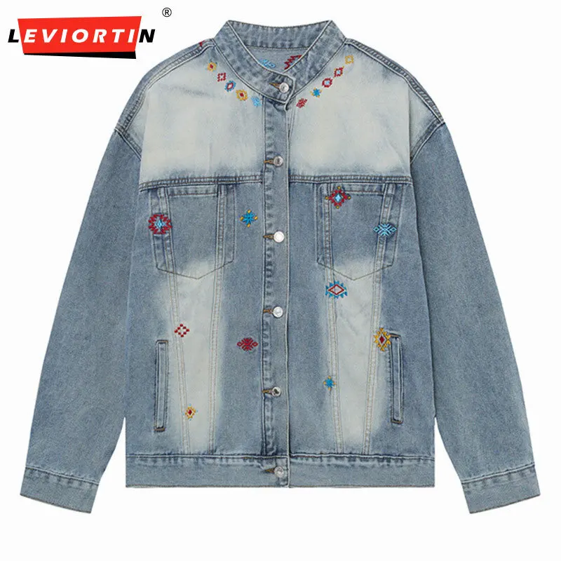 

Retro American Street Trendy Grinding White Vintage Loose Stand up Collar Jacket Totem Embroidered Water Washed Cowboy Coat