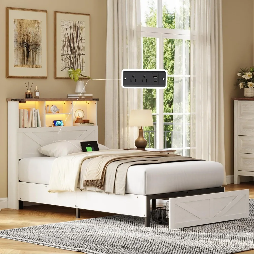 

Twin Bed Frame with Bookshelf, Bookcase High Headboard with Charging Station and LED Light, Farmhouse Bed with Storage Drawers,
