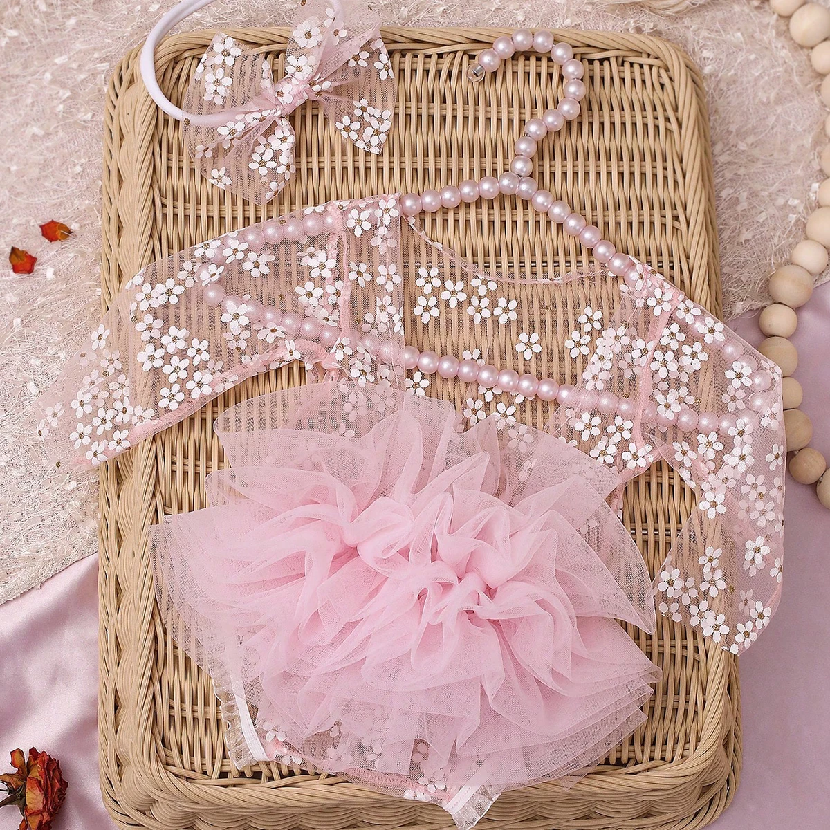 2Pcs Circular Polka Dot Newborn Photography Romper with Bow Headband Baby Girl Photoshoot Outfits 1 Month Infant Picture Props