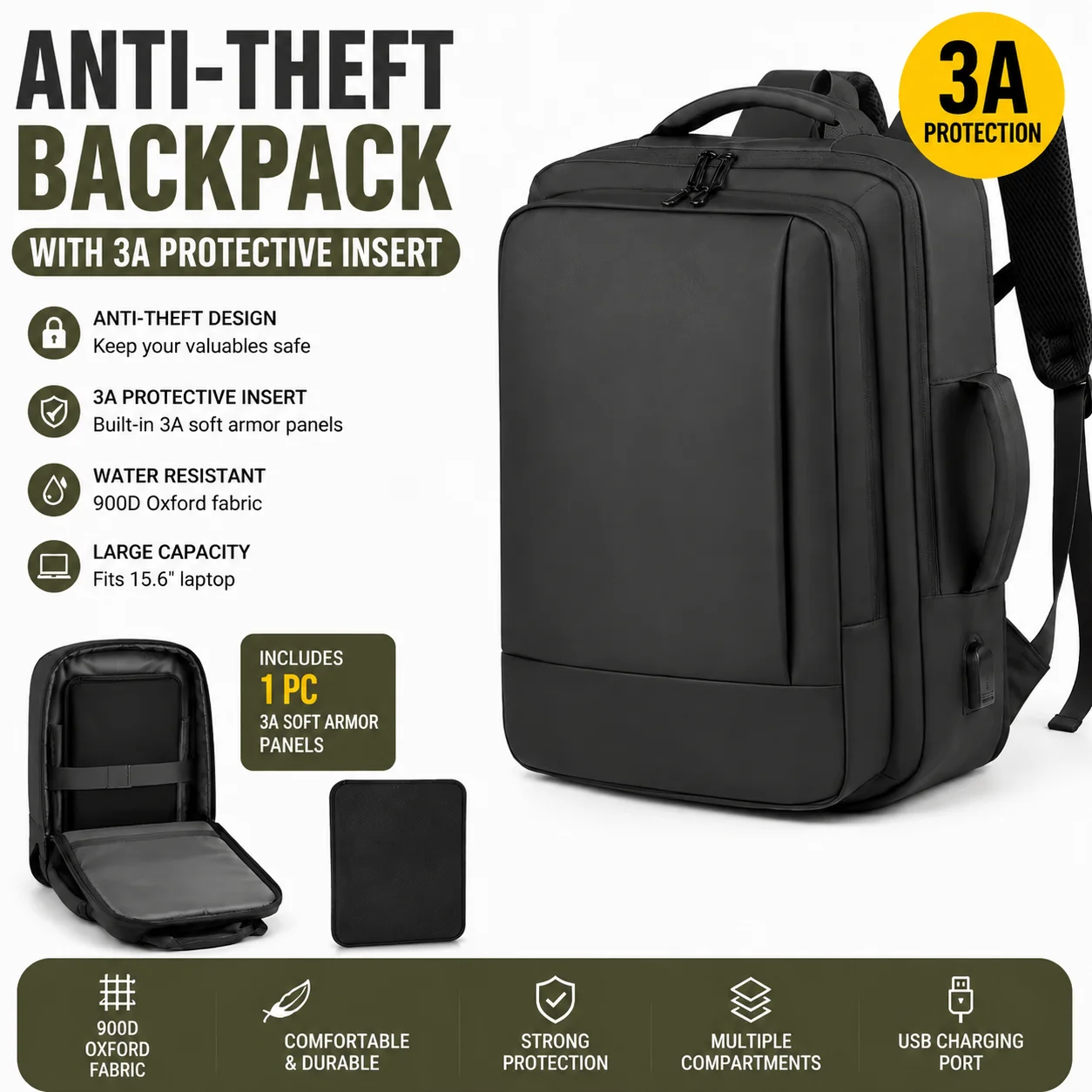 3Pcs Men Anti-Theft Backpack Set 15.6 Inch Laptop Bag with Soft Protective Panel Large Capacity 900D Oxford Travel Backpack