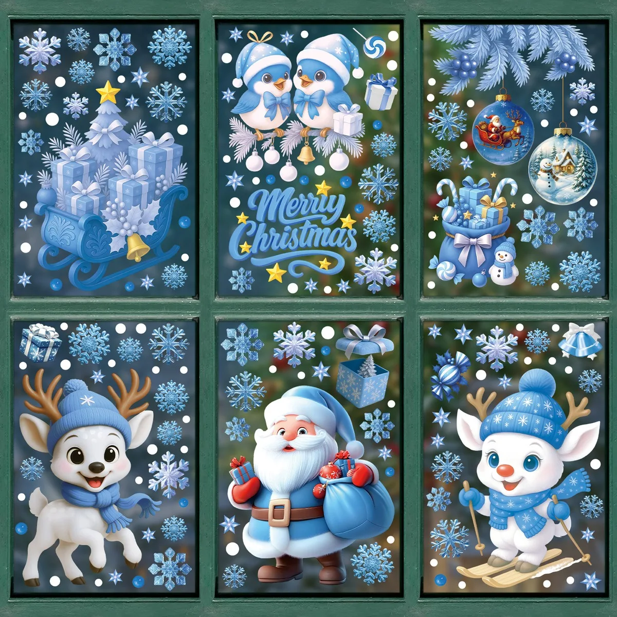 Christmas Blue Snowflake Stickers Cartoon Santa Claus Snowman Elk Electrostatic Stickers Noel Natal Merry Christmas Decor 2025