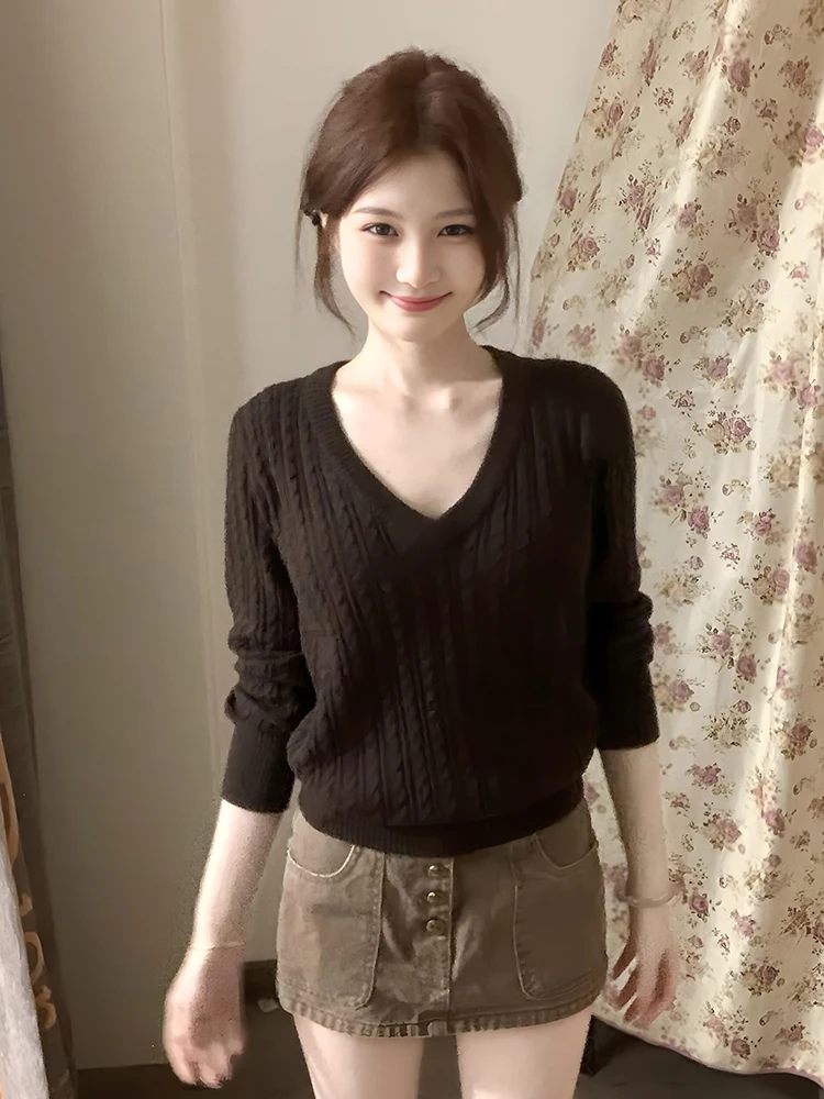 

Корейский вязаный свитер с V-образным вырезом, коричневый, с длинными рукавами, женский, осенне-зимний, облегающий, базовый слой, повседневный, свободный крой