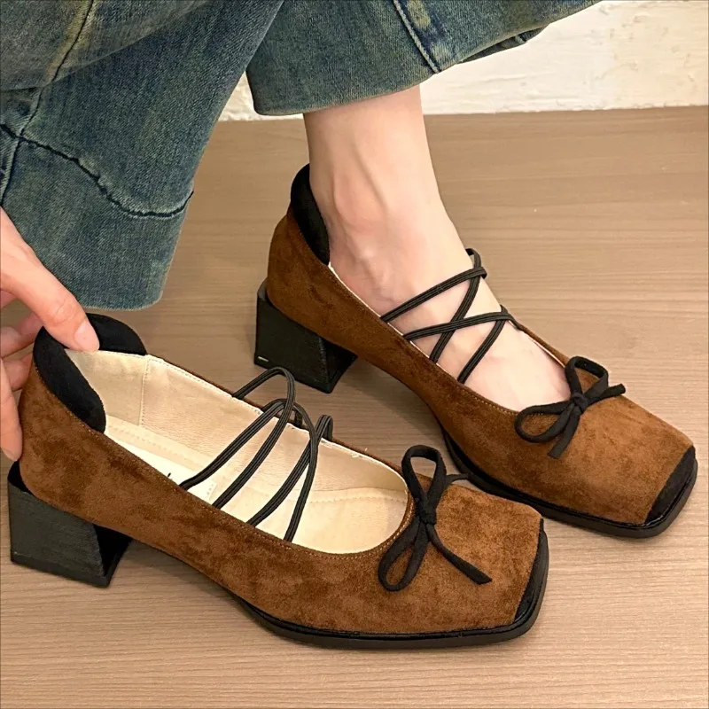Mocassini impermeabili in pelle scamosciata con fiocco nuovo primavera da donna Camminate all'aperto Comode scarpe basse con tacco spesso slip-on Taglia 35-40