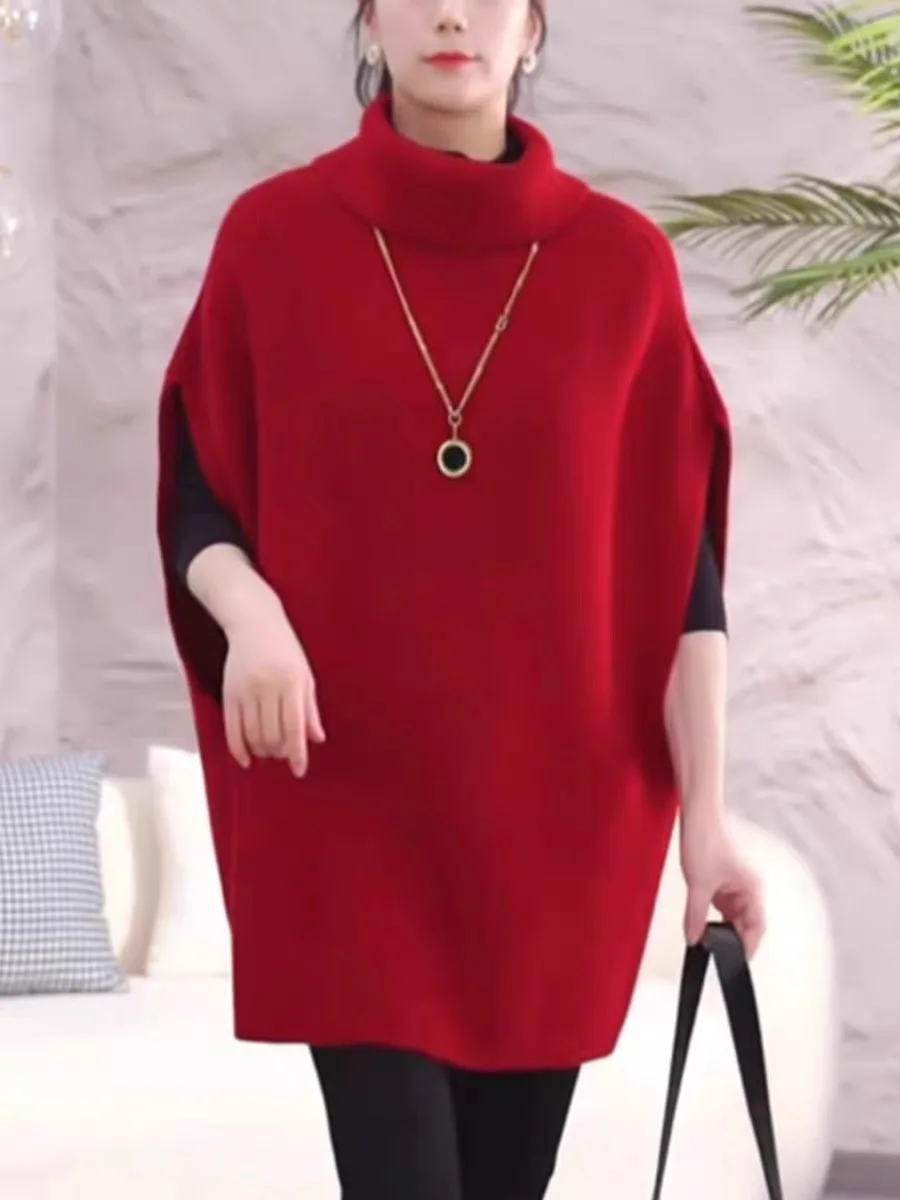 따뜻한 울 니트 하이 칼라 루즈 스웨터 여성용 가을 겨울 패션 출퇴근용 롱 스웨터 중간 길이 베이스 셔츠