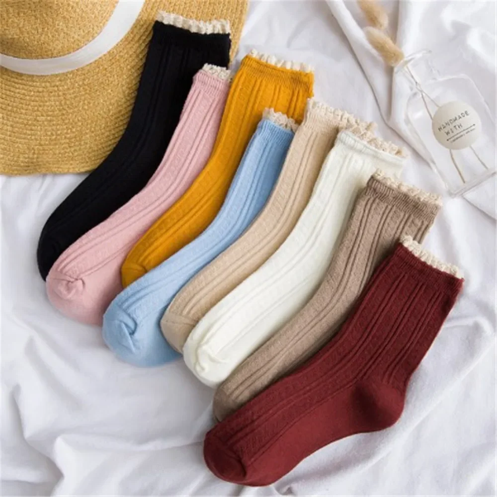 

2024 New 1Pair Retro Women Cotton Socks Autumn Winter Knitting Solid Color Lace Sock Elastic Sock Fashion Student Girls Meias