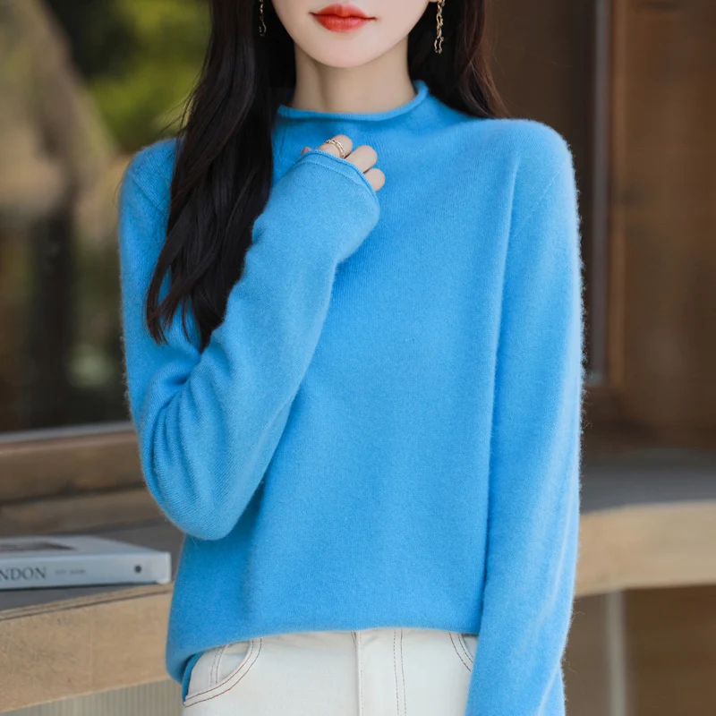 2024 Autumn/Winter New Fashionable Curled Edge Half High Collar Woolen Sweater Made of Pure Wool for Slimming