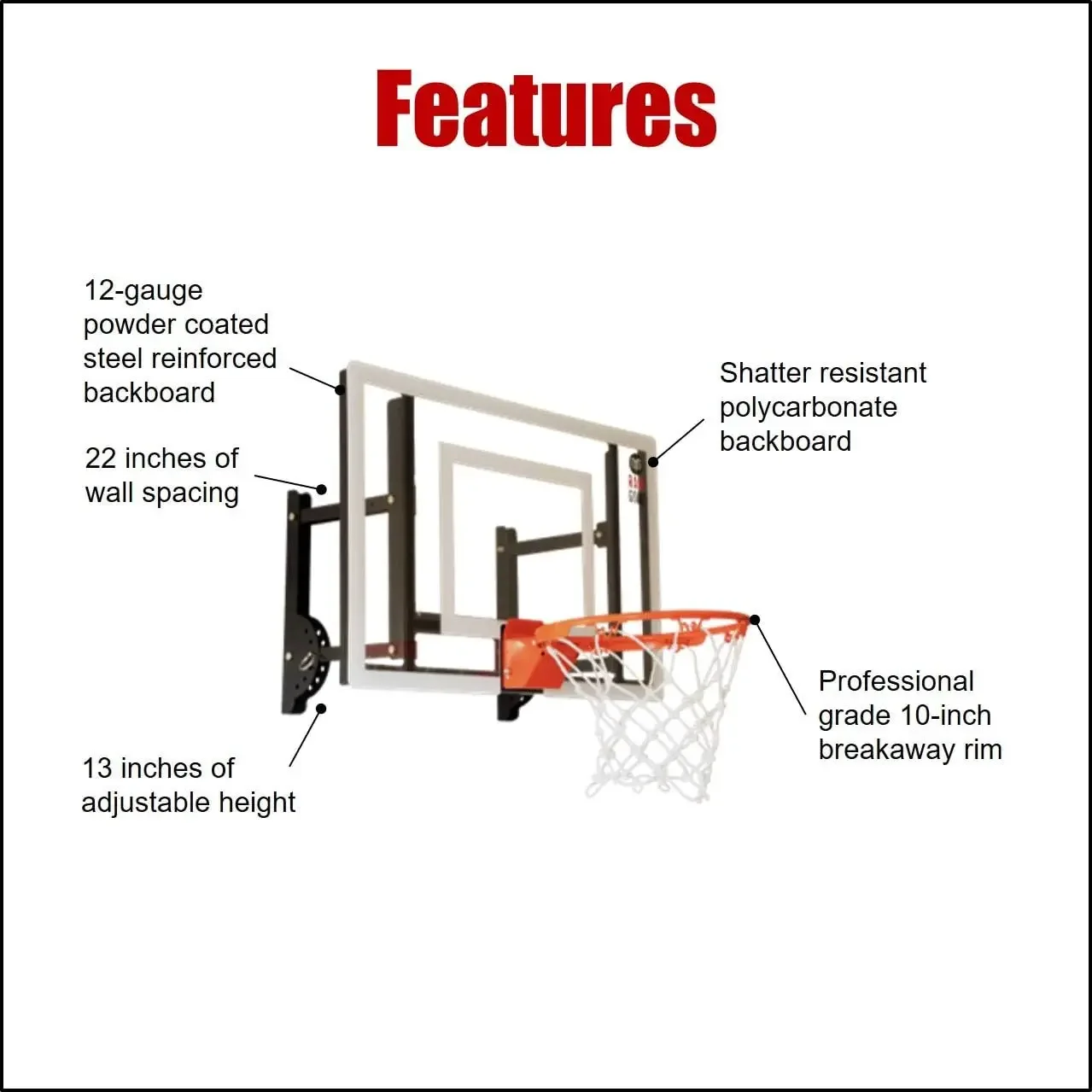 Mini cesta de basquete ajustável com bola |   Painel resistente a estilhaços de 24" com Breakawa de nível profissional