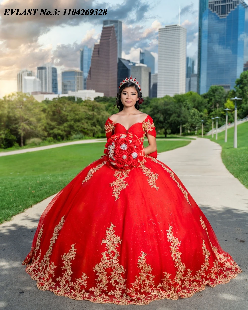 EVLAST ที่กําหนดเองเม็กซิกันสีแดง Quinceanera Ball Gown ทอง Applique ประดับด้วยลูกปัดโบว์รัดตัวหวาน 16 Vestido De 15 Anos E3Q401