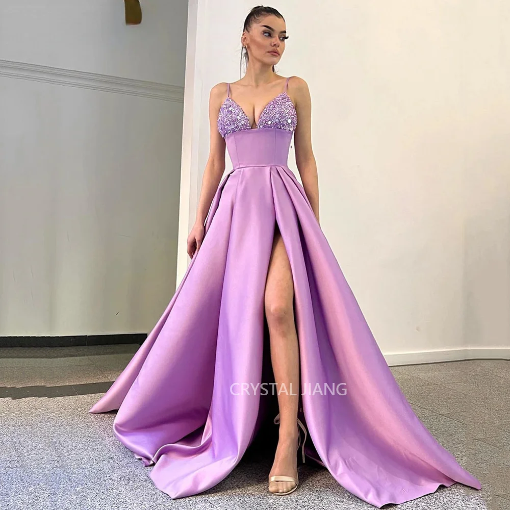 

Vintage Long Purple Spaghetti Straps Beaded Satin Evening Dresses Sleeveless with Slit A Line Sweep Train Vestidos De Noite