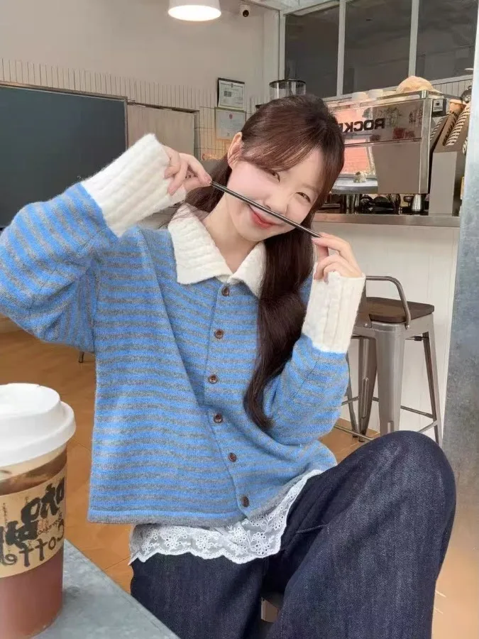 

Свободный вязаный свитер в полоску для женщин, мода осень 2025, длинный рукав, отложной воротник, цветной, повседневный, удобный топ