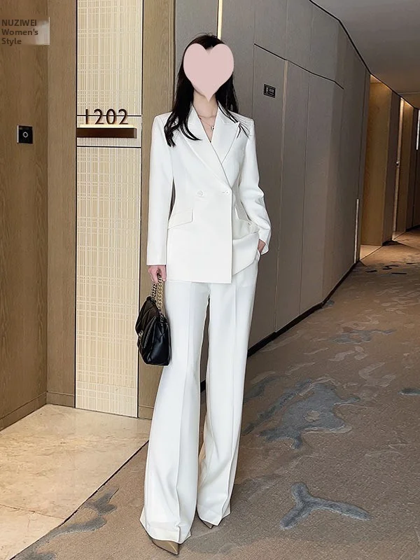 

Fashionable White Slim Fit Suit Jacket High Waist Wide Leg Pants Business Meeting Two Piece Set Women's Commute Style Autumn ...
