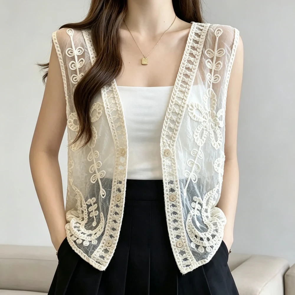 

Embroidered Paisley Crochet Vest for Women Hollow-out Floral Open Knit Sleeveless Lace Cardigan Boho Summer Festival Outfit