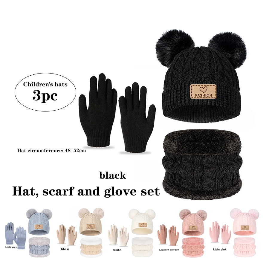3 ชิ้น สำหรับเด็กชายและเด็กหญิงอายุ 3 ถึง 12 ปี สวมหมวกถักแบบลูกบอลคู่พร้อมคอสีทึบและถุงมือในฤดูใบไม้ร่วงและฤดูหนาว