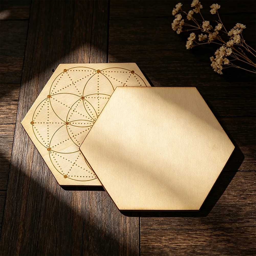 2pcs Wooden Hexagon Flower Board Crystal Grids Sacred Geometric Plate Coaster Mat Mandala Meditation Wiccan Altar Ritual Decor
