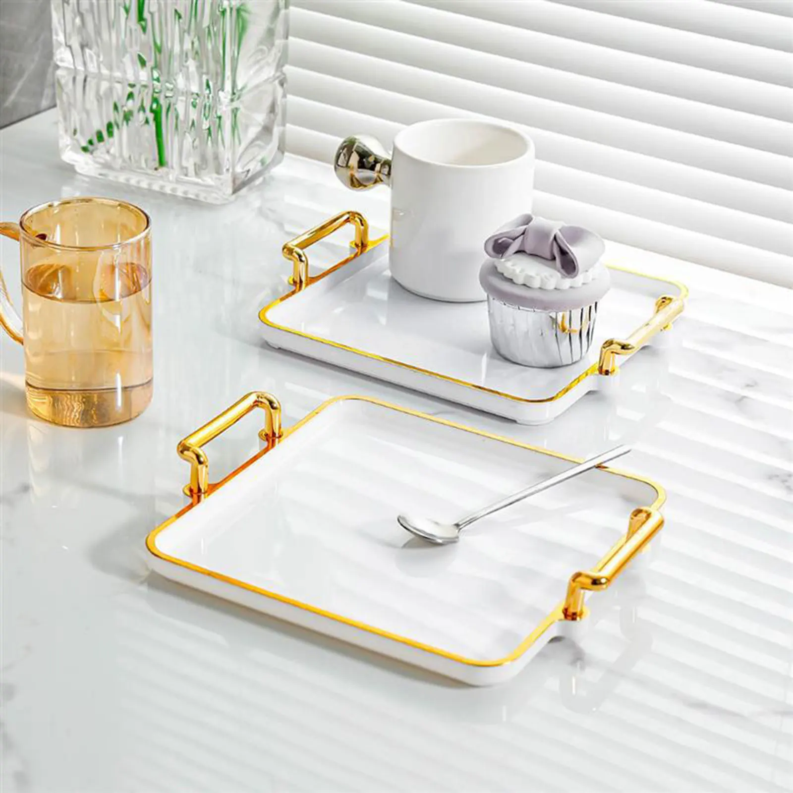 Serving Tray with Handles Food Tray Rectangle Plate Easy to Clean Platter Cosmetic Tray Gold Rim Decorative Tray for Parties