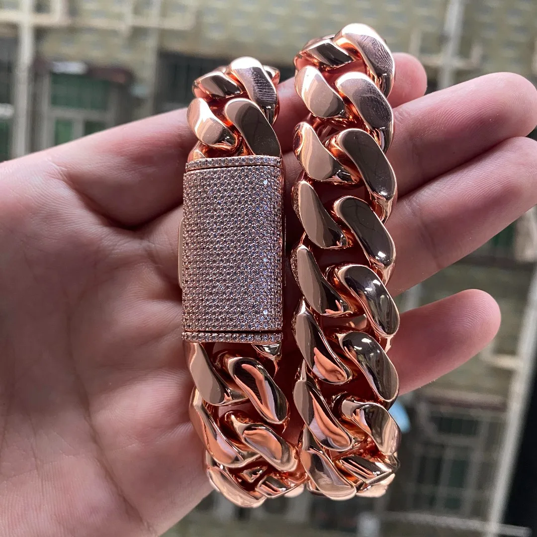 Rose Gold Plate Cuban Link Chain Choker Heavy Solid Brass Miami Cuban Bracelet Wholesale for Men And Women Cadena De Oro Rosa