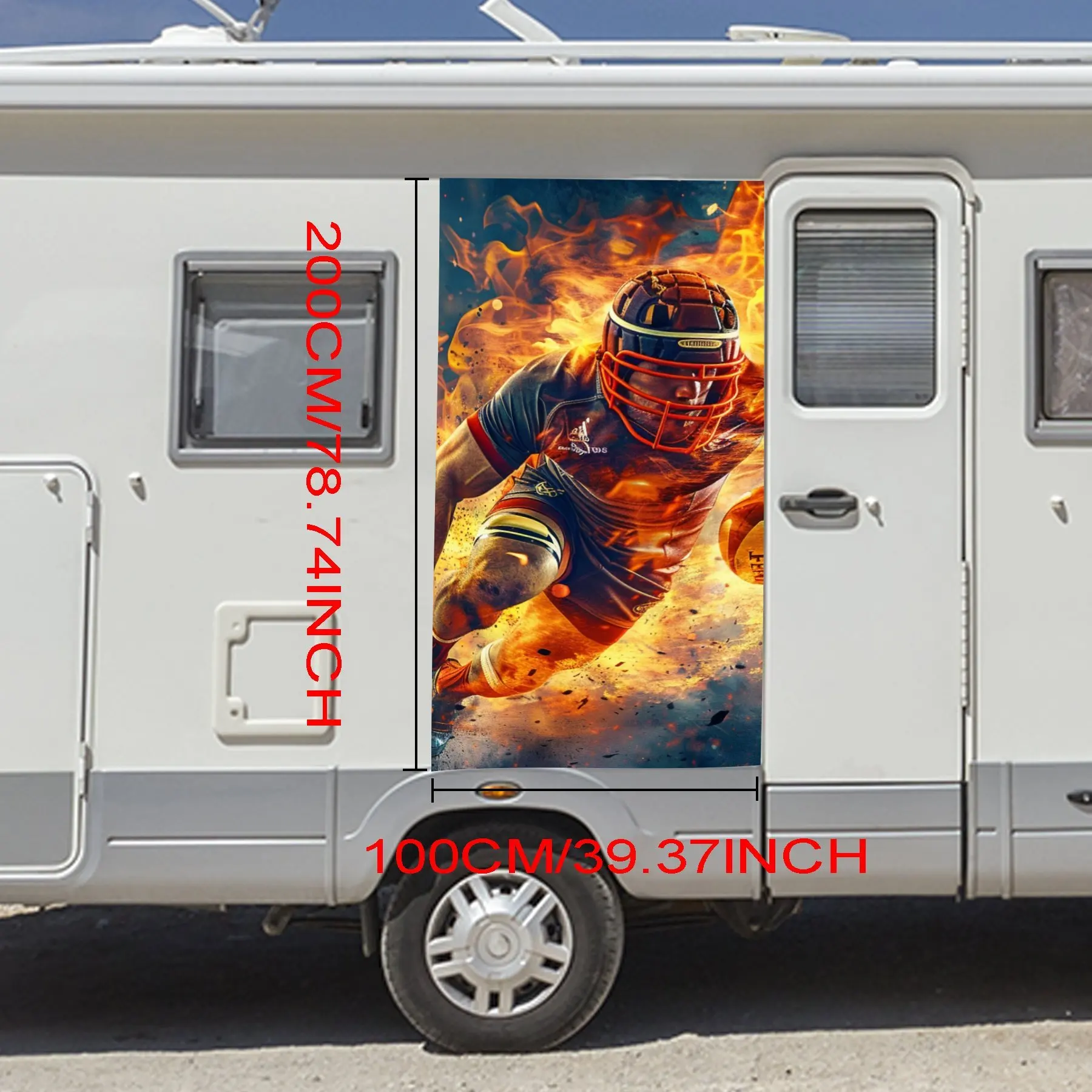 Rugby Player Flame Rush Motorhome Car Door Sticker PVC Self Waterproof Stick, Striking Auto Exterior Accessories Decor Protect G
