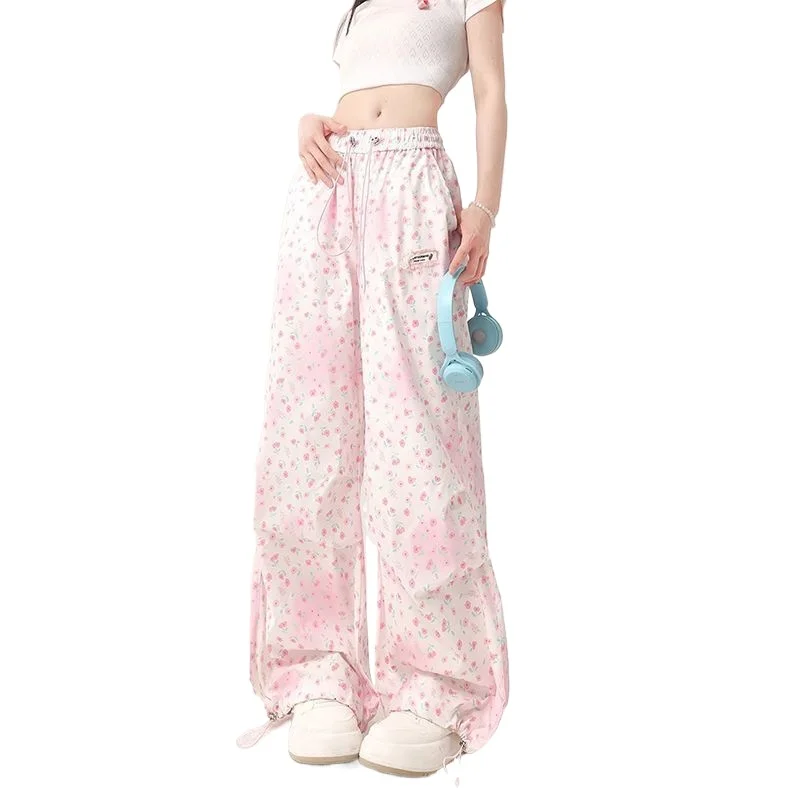 

Sweet Cargo Pants Women Cute Elastic High Waist Wide Leg Pants Floral Print Harajuku Streetwear Hip Hop Lace-up Straight Trouser