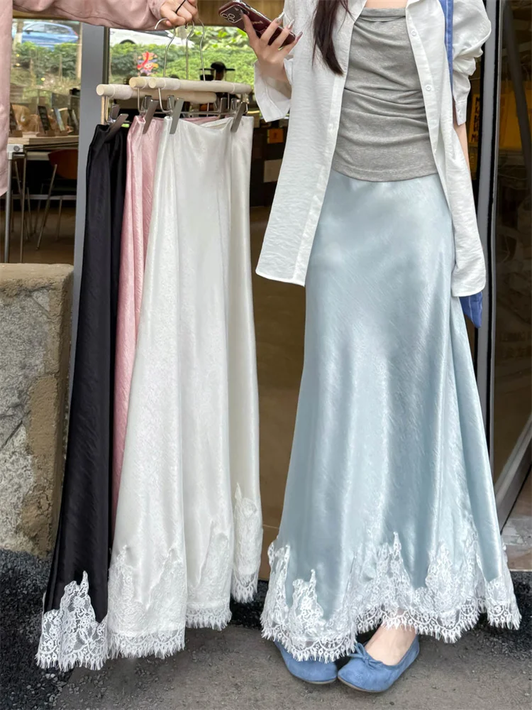Französischer eleganter Satin-Meerjungfrauenrock für Damen, Frühling, Sommer, Spitzen-Patchwork, Hüftbetonter langer A-Linien-Rock, Bürodamen, hohe Taille, Faldas