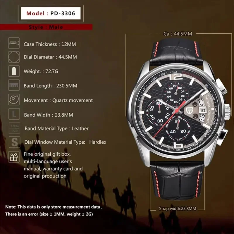 PAGANI‑DESIGN PD‑3306 Large Dial Men Quartz Watch Chronograph Tachymeter Hardlex Crystal Leather Strap Casual Male Sports view 4