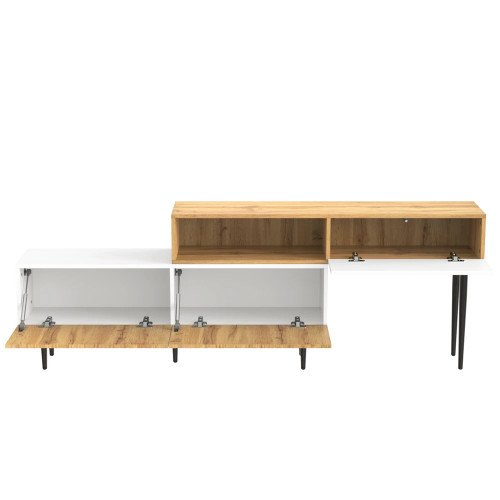 Moderner TV-Schrank mit verstellbarer Länge, Holzoptik + weiß matt, schwarze Metallbeine, multifunktionale Wohnzimmermöbel – Detail 18