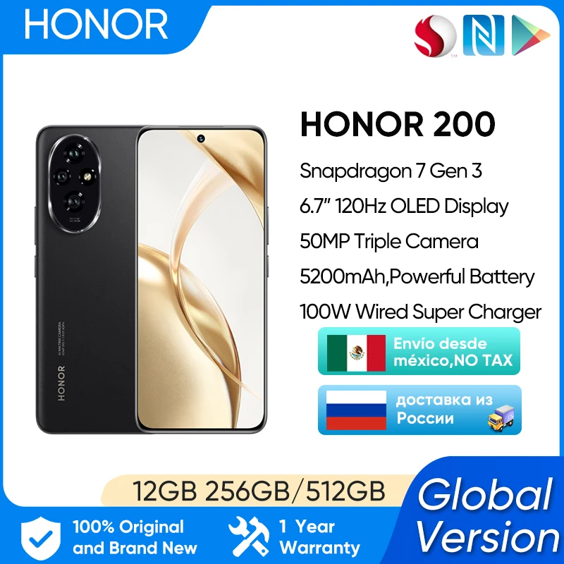 HONOR 200 5G Smartphone Versão Global Snapdragon 7 Gen 3 6.7 ''Display AMOLED 100W SuperCharger 5100mAh Bateria 50MP Câmera