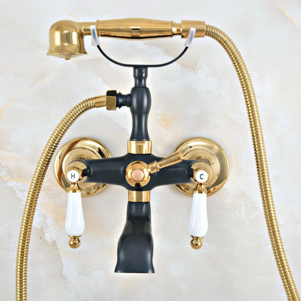 Oil Rubbed & Gold Brass Two Handle Wall Mounted Bathroom Bath Tub Faucet Set with 150CM Hand Held Shower Spray Mixer Tap 2na420